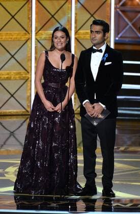 Actor Lea Michele (L) and actor-writer Kumail Nanjiani onstage during the 69th annual Primetime Emmy Awards at Microsoft Theater in Los Angeles on September 17, 2017.  LAP201709170194 JIMxRUYMEN