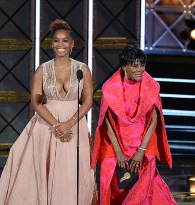 Actors Anika Noni Rose and Cicely Tyson onstage during the 69th annual Primetime Emmy Awards at Microsoft Theater in Los Angeles on September 17, 2017.  LAP201709170272 JIMxRUYMEN
