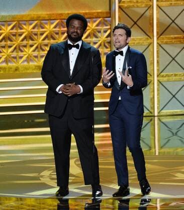 Actors Craig Robinson and Adam Scott onstage during the 69th annual Primetime Emmy Awards at Microsoft Theater in Los Angeles on September 17, 2017.  LAP201709170277 JIMxRUYMEN
