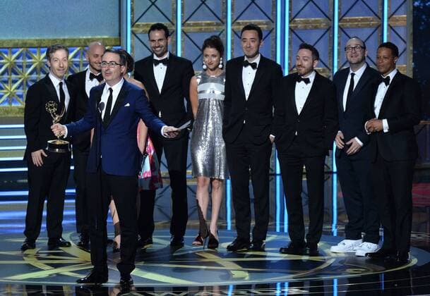 TV personality John Oliver and writing staff accept the award for Outstanding Writing for a Variety Series for Last Week Tonight with John Oliver onstage during the 69th annual Primetime Emmy Awards at Microsoft Theater in Los Angeles on September 17, 2017.  LAP201709170303 JIMxRUYMEN