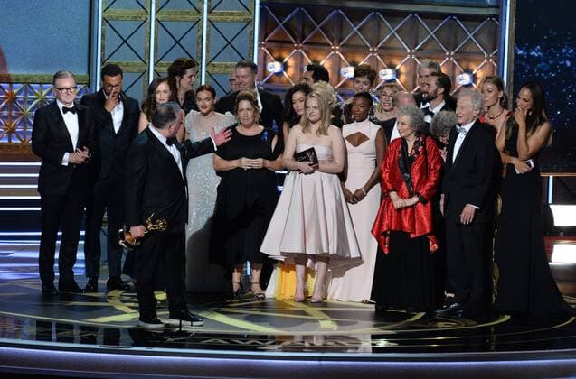 The cast and crew of The Handmaid s Tale accept the award for Outstanding Drama Series for The Handmaid s Tale onstage during the 69th annual Primetime Emmy Awards at Microsoft Theater in Los Angeles on September 17, 2017.  LAP201709170322 JIMxRUYMEN