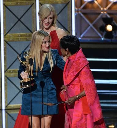 Actor Cicely Tyson presents Nicole Kidman and Reese Witherspoon with the award for Outstanding Limited Series for Big Little Lies onstage during the 69th annual Primetime Emmy Awards at Microsoft Theater in Los Angeles on September 17, 2017.  LAP201709171500 JIMxRUYMEN