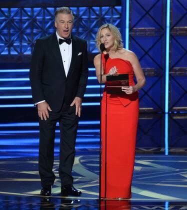 Actors Alec Baldwin and Edie Falco announce a winner onstage during the 69th Annual Primetime Emmy Awards at Microsoft Theater at Microsoft Theater in Los Angeles on September 17, 2017.  LAP201709172017 JIMxRUYMEN