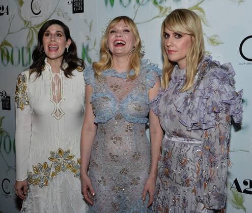 Cast member Kirsten Dunst (C) and co-writer and directors Katie Mulleavy (L) and Laura Mulleavy attend the premiere of the motion picture dramatic thriller Woodshock at the ArcLight Cinema Dome in the Hollywood section of Los Angeles on September 18, 2017. Storyline: A woman falls deeper into paranoia after taking a deadly drug.  LAP2017091808 JIMxRUYMEN