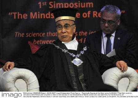 Magistralis Degree at the Dalai Lama 21 09 2017-Pisa-Italy event by the lama At the Palazzo dei Congressi in Pisa on the last day of The Mindscience of Reality where with the Ceremony for the Graduation of the Degree Magistralis Honoris Cause in Clinical Psychology and Health delivered to Tenzin Gyatso XIV Dalai Lama. In the photo: His SS Dalai Lama during the introductory speech at delivery Laurea magistralis. Photos RobertoCappa photojournalism.  Copyright: xFotoxRobertoCappello Fotogiornalx xRobertoxCappellox
