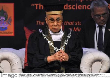 Magistralis Degree at the Dalai Lama 21 09 2017-Pisa-Italy event by the lama At the Palazzo dei Congressi in Pisa on the last day of The Mindscience of Reality where with the Ceremony for the Graduation of the Degree Magistralis Honoris Cause in Clinical Psychology and Health delivered to Tenzin Gyatso XIV Dalai Lama. In the photo: His SS Dalai Lama during the introductory speech at delivery Laurea magistralis. Photos RobertoCappa photojournalism.  Copyright: xFotoxRobertoCappello Fotogiornalx xRobertoxCappellox