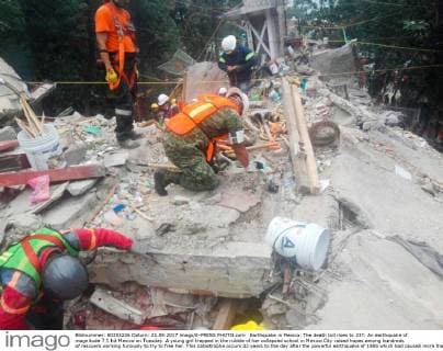 Earthquake in Mexico: The death toll rises to 237. An earthquake of magnitude 7.1 hit Mexico on Tuesday. A young girl trapped in the rubble of her collapsed school in Mexico City raised hopes among hundreds of rescuers working furiously to try to free her. This catastrophe occurs 32 years to the day after the powerful earthquake of 1985 which had caused more than 10,000 deaths. Mexico Mexico  549046