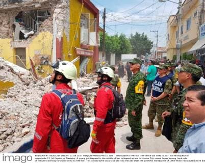 Earthquake in Mexico: The death toll rises to 237. An earthquake of magnitude 7.1 hit Mexico on Tuesday. A young girl trapped in the rubble of her collapsed school in Mexico City raised hopes among hundreds of rescuers working furiously to try to free her. This catastrophe occurs 32 years to the day after the powerful earthquake of 1985 which had caused more than 10,000 deaths. Mexico Mexico  549046