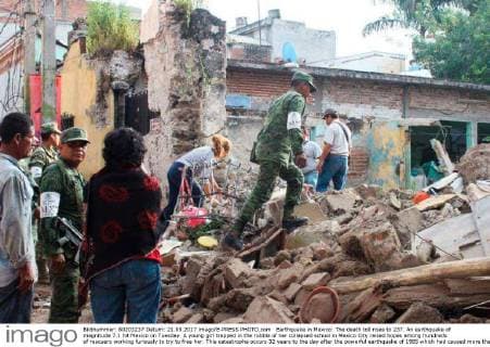Earthquake in Mexico: The death toll rises to 237. An earthquake of magnitude 7.1 hit Mexico on Tuesday. A young girl trapped in the rubble of her collapsed school in Mexico City raised hopes among hundreds of rescuers working furiously to try to free her. This catastrophe occurs 32 years to the day after the powerful earthquake of 1985 which had caused more than 10,000 deaths. Mexico Mexico  549046