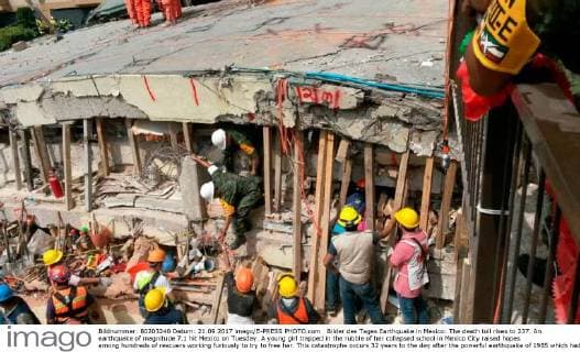 Bilder des Tages Earthquake in Mexico: The death toll rises to 237. An earthquake of magnitude 7.1 hit Mexico on Tuesday. A young girl trapped in the rubble of her collapsed school in Mexico City raised hopes among hundreds of rescuers working furiously to try to free her. This catastrophe occurs 32 years to the day after the powerful earthquake of 1985 which had caused more than 10,000 deaths. Mexico Mexico  549046