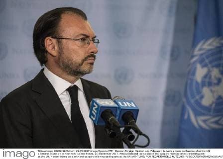 Mexican Foreign Minister Luis Videgaray delivers a press conference after the UN s General Assembly in New York, United States, 21 September 2017. Mexico thanked the solidarity and support received after the earthquake at the UN. Mexico thanks solidarity and support following earthquake at the UN !ACHTUNG: NUR REDAKTIONELLE NUTZUNG!  Copyright: xEduxBayerx NYC204 20170921-636416344956819753