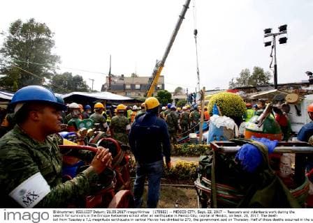 (170922) -- MEXICO CITY, Sept. 22, 2017 -- Rescuers and volunteers work during the search for survivors in the Enrique Rebsamen school after an earthquake in Mexico City, capital of Mexico, on Sept. 21, 2017. The death toll from Tuesday s 7.1-magnitude earthquake in central Mexico has climbed to 273, the government said on Thursday. Half of those deaths occurred in the capital Mexico City, where nearly 40 buildings collapsed, and the remainder in surrounding and nearby states.Francisco Canedo)(da)(vf)(zhf) MEXICO-MEXICO CITY-EARTHQUAKE-AFTERMATH e FranciscoxCa?edo 