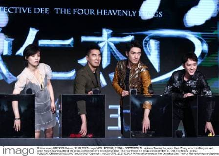 BEIJING, CHINA - SEPTEMBER 21: Actress Sandra Ma, actor Mark Zhao, actor Lin Gengxin and actor Feng Shaofeng attend the press conference of film Detective Dee: The Four Heavenly Kings on September 21, 2017 in Beijing, China.  Copyright: xVCGx CFP111127832414