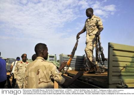 (170923) -- NYALA (SUDAN), Sept. 23, 2017 -- Sudanese soldiers collect weapons voluntarily surrendered by residents in South Darfur State, Sudan, on Sept. 23, 2017. Sudanese government s plant to collect arms from local residents and armed groups in Darfur has gained initial results, officials have said. The plan, launched in August, is designed to eliminate one of the main causes of instability in the war-torn region. ) SUDAN-SOUTH DARFUR-WEAPONS-SURRENDER MohamedxKhidir 
