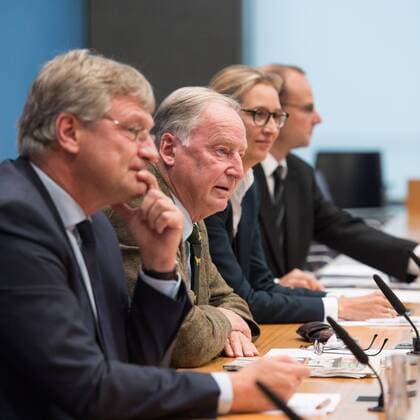 Joerg Meuthen Federal Chairman the AFD Alexander Gauland Top candidate the AFD and Alice Weidel Vl Top candidate the AFD Press conference the AFD in the Federal press conference in Berlin Germany at 25 09 2017