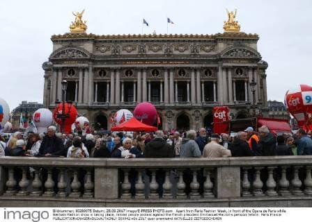 Apart from Paris Fashion Week, in front of the Opera de Paris while Balmain Fashion show is taking place, retired people protest against the french president Emmanuel Macron s pension reform. Paris France  550942