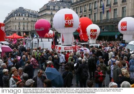 Apart from Paris Fashion Week, in front of the Opera de Paris while Balmain Fashion show is taking place, retired people protest against the french president Emmanuel Macron s pension reform. Paris France  550942