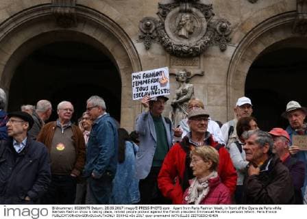 Apart from Paris Fashion Week, in front of the Opera de Paris while Balmain Fashion show is taking place, retired people protest against the french president Emmanuel Macron s pension reform. Paris France  550942