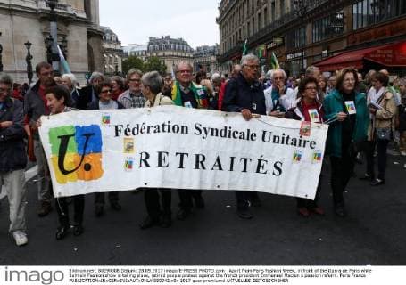 Apart from Paris Fashion Week, in front of the Opera de Paris while Balmain Fashion show is taking place, retired people protest against the french president Emmanuel Macron s pension reform. Paris France  550942