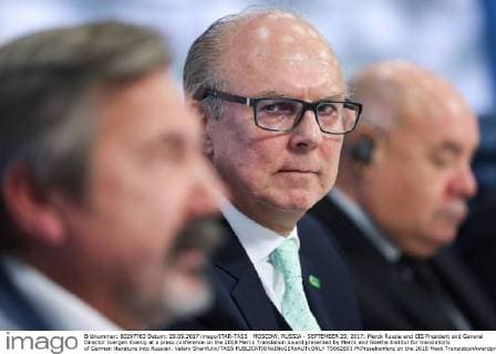 MOSCOW, RUSSIA - SEPTEMBER 29, 2017: Merck Russia and CIS President and General Director Juergen Koenig at a press conference on the 2018 Merck Translation Award presented by Merck and Goethe Institut for translations of German literature into Russian. Valery Sharifulin TASS  TS062653