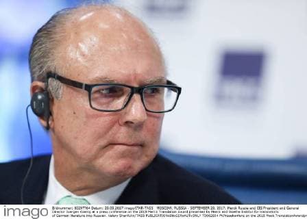 MOSCOW, RUSSIA - SEPTEMBER 29, 2017: Merck Russia and CIS President and General Director Juergen Koenig at a press conference on the 2018 Merck Translation Award presented by Merck and Goethe Institut for translations of German literature into Russian. Valery Sharifulin TASS  TS062654