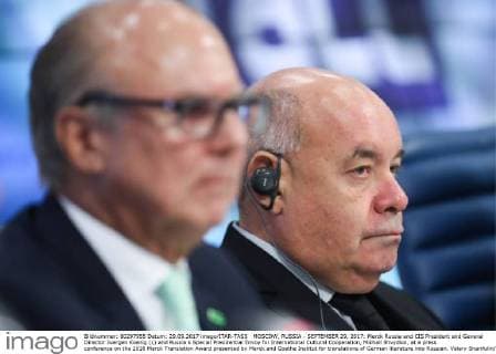 MOSCOW, RUSSIA - SEPTEMBER 29, 2017: Merck Russia and CIS President and General Director Juergen Koenig (L) and Russia s Special Presidential Envoy for International Cultural Cooperation, Mikhail Shvydkoi, at a press conference on the 2018 Merck Translation Award presented by Merck and Goethe Institut for translations of German literature into Russian. Valery Sharifulin TASS  TS062652
