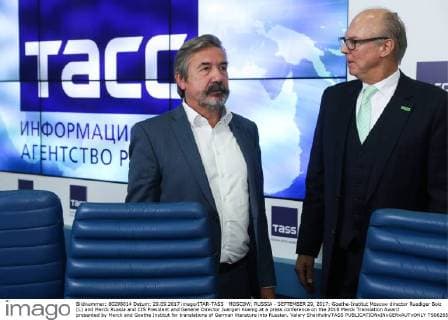 MOSCOW, RUSSIA - SEPTEMBER 29, 2017: Goethe-Institut Moscow director Ruediger Bolz (L) and Merck Russia and CIS President and General Director Juergen Koenig at a press conference on the 2018 Merck Translation Award presented by Merck and Goethe Institut for translations of German literature into Russian. Valery Sharifulin TASS  TS062657