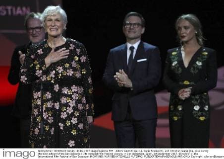 Actors Glenn Close (L), Annie Starke (R), and Christian Slater (C), pose during the 65th edition of the San Sebastian International Film Festival closure, in San Sebastian, Spain, 30 September 2017. 65 edition of the International Film Festival of San Sebastian !ACHTUNG: NUR REDAKTIONELLE NUTZUNG!  Copyright: xJavierxEtxezarretax GRA303 20170930-636424093407836784