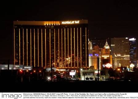 A view of the Mandalay Bay Resort and Casino after a shooting at the Route 91 Country Music festival in Las Vegas, Nevada on October 1, 2017. More than 20 people were killed and at least 100 others injured after a gunman opened fire Sunday night at a country music festival opposite the Mandalay Bay hotel and resort on the Las Vegas Strip, authorities said.  LAV2017100207 JAMESxATOA
