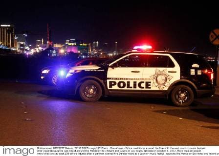 One of many Police roadblocks around the Route 91 Harvest country music festival after apparent gun fire was heard around the Mandalay Bay Resort and Casino in Las Vegas, Nevada on October 1, 2017. More than 20 people were killed and at least 100 others injured after a gunman opened fire Sunday night at a country music festival opposite the Mandalay Bay hotel and resort on the Las Vegas Strip, authorities said.  LAV2017100209 JAMESxATOA