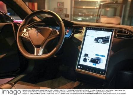 MOSCOW, RUSSIA - OCTOBER 2, 2017: Interior of a Tesla Model S electric car on display at the Moscow Tesla Club unofficial dealership centre in Moscow s Kutuzovsky Prospekt Street. Sergei Fadeichev TASS  TS062B90