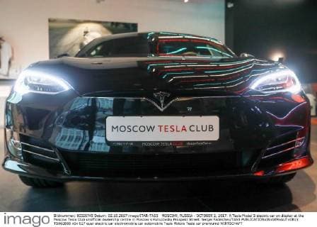 MOSCOW, RUSSIA - OCTOBER 2, 2017: A Tesla Model S electric car on display at the Moscow Tesla Club unofficial dealership centre in Moscow s Kutuzovsky Prospekt Street. Sergei Fadeichev TASS  TS062B88