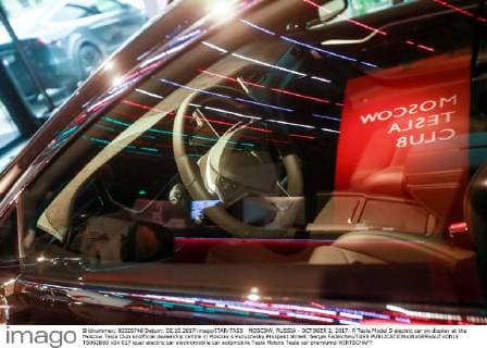MOSCOW, RUSSIA - OCTOBER 2, 2017: A Tesla Model S electric car on display at the Moscow Tesla Club unofficial dealership centre in Moscow s Kutuzovsky Prospekt Street. Sergei Fadeichev TASS  TS062B89
