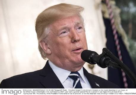 President Donald Trump delivers remakes on the recent shootings in Las Vegas, at the White House in Washington, D.C. on October 2, 2017. Last night a gunman opened fire on a concert in Las Vegas killing at least 50 an injuring over 400. The shooting, which President Trump called an act of pure evil, is now the deadliest mass shooting in modern U.S. history.  WAP20171002303 KEVINxDIETSCH