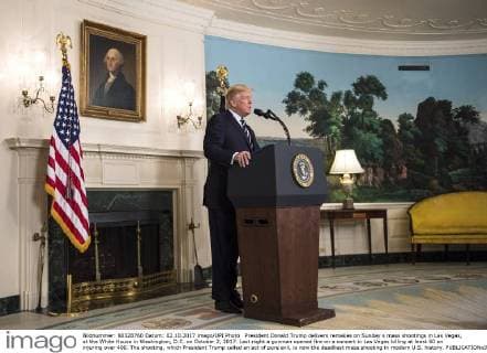 President Donald Trump delivers remakes on Sunday s mass shootings in Las Vegas, at the White House in Washington, D.C. on October 2, 2017. Last night a gunman opened fire on a concert in Las Vegas killing at least 50 an injuring over 400. The shooting, which President Trump called an act of pure evil, is now the deadliest mass shooting in modern U.S. history.  WAP20171002304 KEVINxDIETSCH