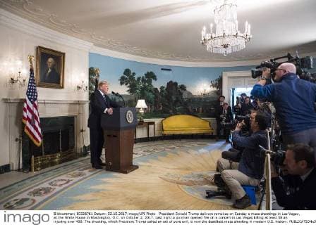 President Donald Trump delivers remakes on Sunday s mass shootings in Las Vegas, at the White House in Washington, D.C. on October 2, 2017. Last night a gunman opened fire on a concert in Las Vegas killing at least 50 an injuring over 400. The shooting, which President Trump called an act of pure evil, is now the deadliest mass shooting in modern U.S. history.  WAP20171002305 KEVINxDIETSCH