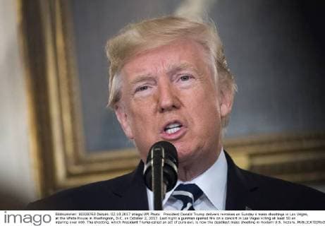 President Donald Trump delivers remakes on Sunday s mass shootings in Las Vegas, at the White House in Washington, D.C. on October 2, 2017. Last night a gunman opened fire on a concert in Las Vegas killing at least 50 an injuring over 400. The shooting, which President Trump called an act of pure evil, is now the deadliest mass shooting in modern U.S. history.  WAP20171002307 KEVINxDIETSCH