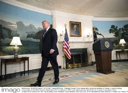 President Donald Trump leaves after delivering remakes on Sunday s mass shootings in Las Vegas, at the White House in Washington, D.C. on October 2, 2017. Last night a gunman opened fire on a concert in Las Vegas killing at least 50 an injuring over 400. The shooting, which President Trump called an act of pure evil, is now the deadliest mass shooting in modern U.S. history.  WAP20171002309 KEVINxDIETSCH