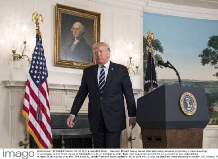 President Donald Trump leaves after delivering remakes on Sunday s mass shootings in Las Vegas, at the White House in Washington, D.C. on October 2, 2017. Last night a gunman opened fire on a concert in Las Vegas killing at least 50 an injuring over 400. The shooting, which President Trump called an act of pure evil, is now the deadliest mass shooting in modern U.S. history.  WAP20171002312 KEVINxDIETSCH