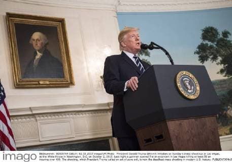 President Donald Trump delivers remakes on Sunday s mass shootings in Las Vegas, at the White House in Washington, D.C. on October 2, 2017. Last night a gunman opened fire on a concert in Las Vegas killing at least 50 an injuring over 400. The shooting, which President Trump called an act of pure evil, is now the deadliest mass shooting in modern U.S. history.  WAP20171002313 KEVINxDIETSCH