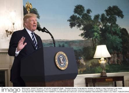 President Donald Trump delivers remakes on Sunday s mass shootings in Las Vegas, at the White House in Washington, D.C. on October 2, 2017. Last night a gunman opened fire on a concert in Las Vegas killing at least 50 an injuring over 400. The shooting, which President Trump called an act of pure evil, is now the deadliest mass shooting in modern U.S. history.  WAP20171002314 KEVINxDIETSCH
