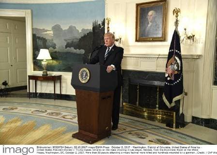 October 2, 2017 - Washington, District of Columbia, United States of America - United States President Donald J. Trump makes remarks on the mass shooting in Las Vegas, Nevada, from the Diplomatic Room at the White House, Washington, DC, October 2, 2017. More than 50 people attending a music festival were killed and hundreds wounded by a gunman. .Credit: CNP Washington United States of America - ZUMAs152 20171002_zaa_s152_002 Copyright: xMikexTheilerx