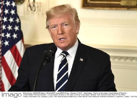 October 2, 2017 - Washington, District of Columbia, United States of America - United States President Donald J. Trump makes remarks on the mass shooting in Las Vegas, Nevada, from the Diplomatic Room at the White House, Washington, DC, October 2, 2017. More than 50 people attending a music festival were killed and hundreds wounded by a gunman. .Credit: CNP Washington United States of America - ZUMAs152 20171002_zaa_s152_003 Copyright: xMikexTheilerx