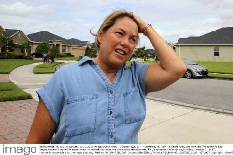 October 2, 2017 - Melbourne, FL, USA - Sharon Judy, the next-door neighbor to Las Vegas shooter Stephen Paddock when he owned a home in the Viera area of Melbourne, Fla., expresses her surprise, Monday, October 2, 2017, that he is responsible for the mass shooting. Melbourne USA - ZUMAm67_ 20171002_zaf_m67_007 Copyright: xJoexBurbankx
