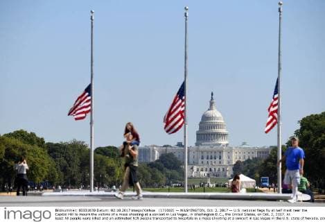 (171002) -- WASHINGTON, Oct. 2, 2017 -- U.S. national flags fly at half mast near the Capitol Hill to mourn the victims of a mass shooting at a concert in Las Vegas, in Washington D.C., the United States, on Oct. 2, 2017. At least 58 people were killed and an estimated 515 people transported to hospitals in a mass shooting at a concert in Las Vegas in the U.S. state of Nevada, police said on Monday. ) U.S.-WASHINGTON D.C.-LAS VEGAS-SHOOTING-FLAG-HALF-MAST YinxBogu 
