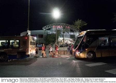 Oct 2, 2017 - Las Vegas, Nevada, U.S. - People load into buses destined to different Strip Casinos following a mass shooting at the Route 91 music festival along the Las Vegas Strip, Monday, Oct. 2, 2017. Multiple victims were being transported to hospitals after a shooting late Sunday at a music festival on the Las Vegas Strip. UNLV Thomas & Mack Center was opened as a place of refuge. At least 58 people died in the shooting and 515 people were injured Sunday night. The shooting has become the deadliest in modern U.S. history. The suspect, 64-year-old Stephen Paddock, was found dead in his Mandalay Bay hotel room. Las Vegas U.S. - ZUMAl154 20171002_rua_l154_932 Copyright: xYaminaxChavez LasxVegasxSunx