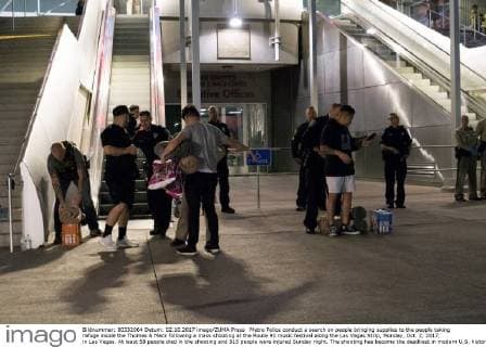 Metro Police conduct a search on people bringing supplies to the people taking refuge inside the Thomas & Mack following a mass shooting at the Route 91 music festival along the Las Vegas Strip, Monday, Oct. 2, 2017, in Las Vegas. At least 58 people died in the shooting and 515 people were injured Sunday night. The shooting has become the deadliest in modern U.S. history. The suspect, 64-year-old Stephen Paddock, was found dead in his Mandalay Bay hotel room. Las Vegas U.S. - ZUMAl154 20171002_rua_l154_934 Copyright: xYaminaxChavez LasxVegasxSunx