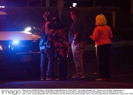 Oct 2, 2017 - Las Vegas, Nevada, U.S. - People arrive at Metro Headquarters to check on loved ones Metro Police headquarters early Monday morning after a mass shooting at a music festival on the Las Vegas Strip Sunday, Oct. 1, 2017. At least 58 people died in the shooting and 515 people were injured Sunday night. The shooting has become the deadliest in modern U.S. history. The suspect, 64-year-old Stephen Paddock, was found dead in his Mandalay Bay hotel room. Las Vegas U.S. - ZUMAl154 20171002_rua_l154_931 Copyright: xStevexMarcus LasxVegasxSunx