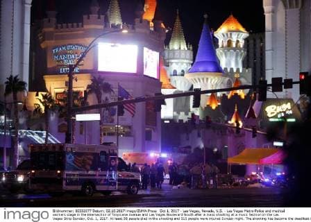 Oct 1, 2017 - Las Vegas, Nevada, U.S. - Las Vegas Metro Police and medical workers stage in the intersection of Tropicana Avenue and Las Vegas Boulevard South after a mass shooting at a music festival on the Las Vegas Strip Sunday, Oct. 1, 2017. At least 58 people died in the shooting and 515 people were injured Sunday night. The shooting has become the deadliest in modern U.S. history. The suspect, 64-year-old Stephen Paddock, was found dead in his Mandalay Bay hotel room. Las Vegas U.S. - ZUMAl154 20171002_rua_l154_923 Copyright: xStevexMarcus LasxVegasxSunx