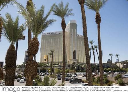 Oct 2, 2017 - Las Vegas, Nevada, U.S. - The Mandalay Bay hotel-casino is seen where a gunman fired on a crowd of concert goers the night before. At least 58 people died in the shooting and 515 people were injured Sunday night. The shooting has become the deadliest in modern U.S. history. Las Vegas U.S. - ZUMAf139 20171002_jlr_f139_006 Copyright: xMartinxS.xFuentesx